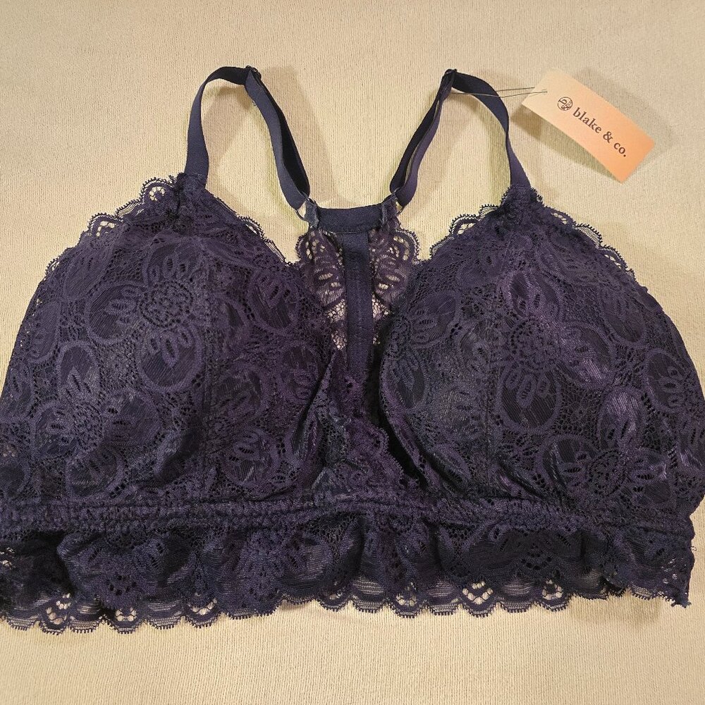 BLAKE & CO 2X 2XL Navy NWT Women Lace Triangle Strappy Racerback Bralette NEW